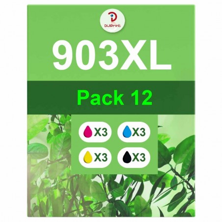 Pack de 12 cartouches d'encre compatibles HP 903XL Noir, Jaune, Cyan,  Magenta